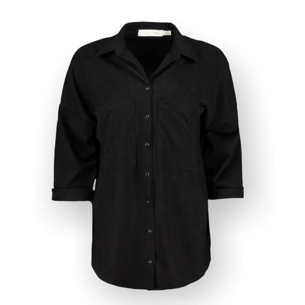 Bishop + Young | Black Cozy Suede Snap Front Shirt Shacket Small